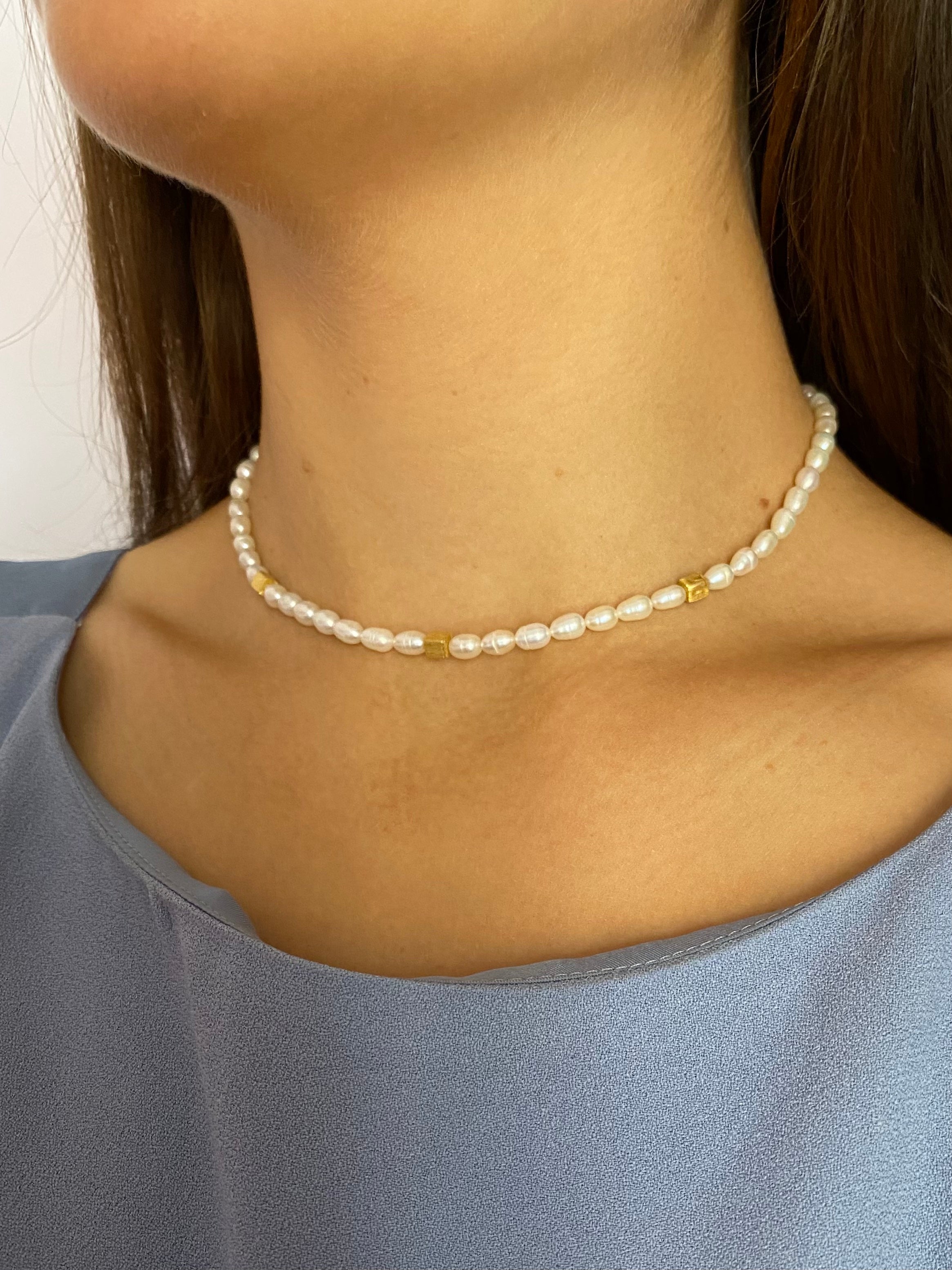 Collana artigianale con perle di acqua dolce in argento 925 placcato oro - Sorriso